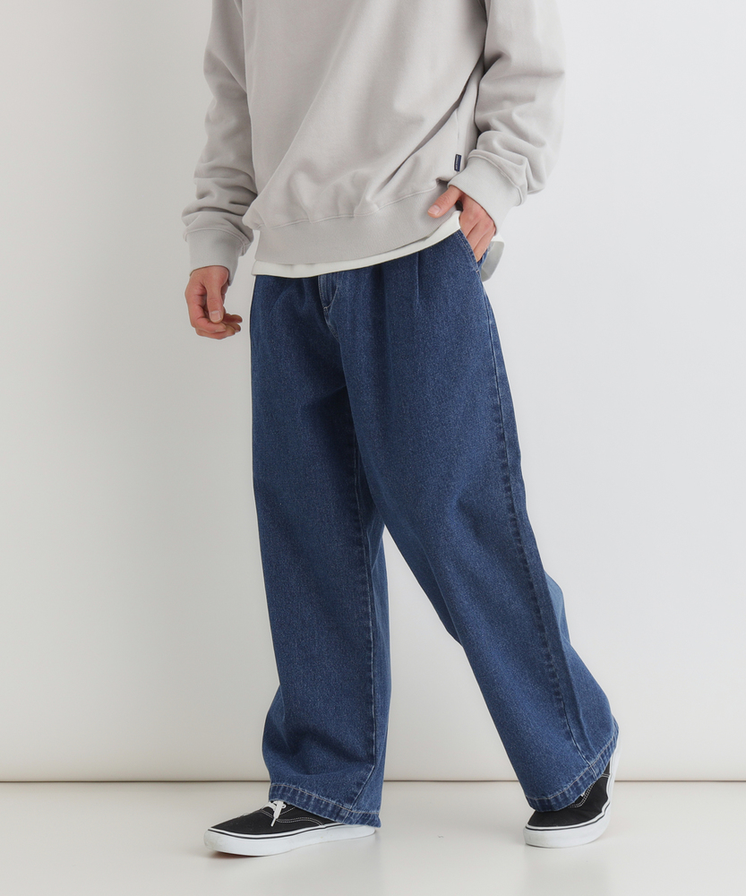 デニムワイドスラックス【自宅で試着、返品送料無料】(S 淡加工色