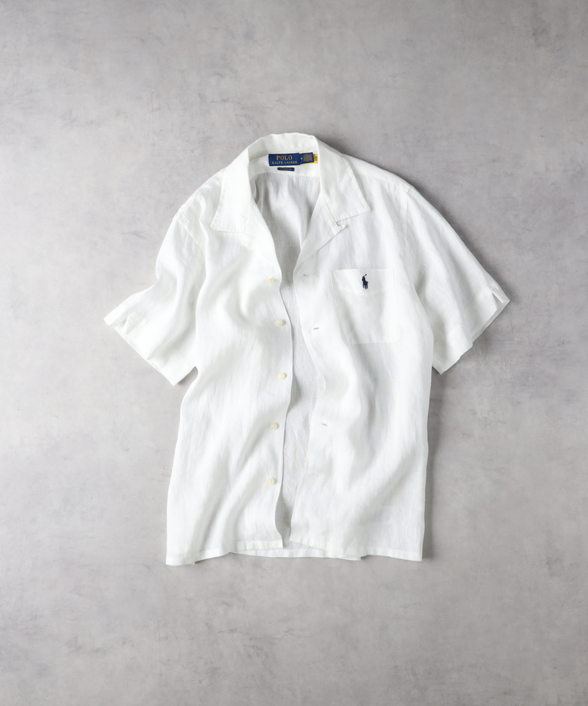 ラルフローレン　ロゴ　刺繍　リネン　開襟　キャンプシャツ　白　半袖　シャツ rawdrip_poloralphlauren-linen-