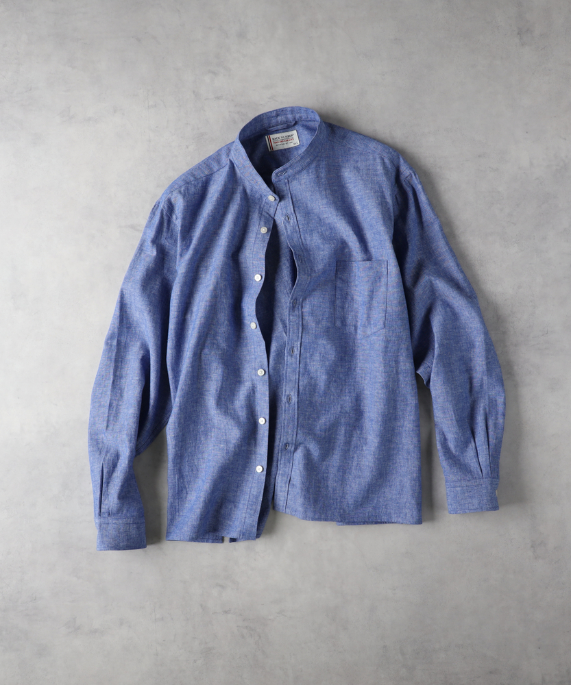 綿麻バンドカラーシャツ（WEB限定価格 9/3～9/8）(S ネイビー