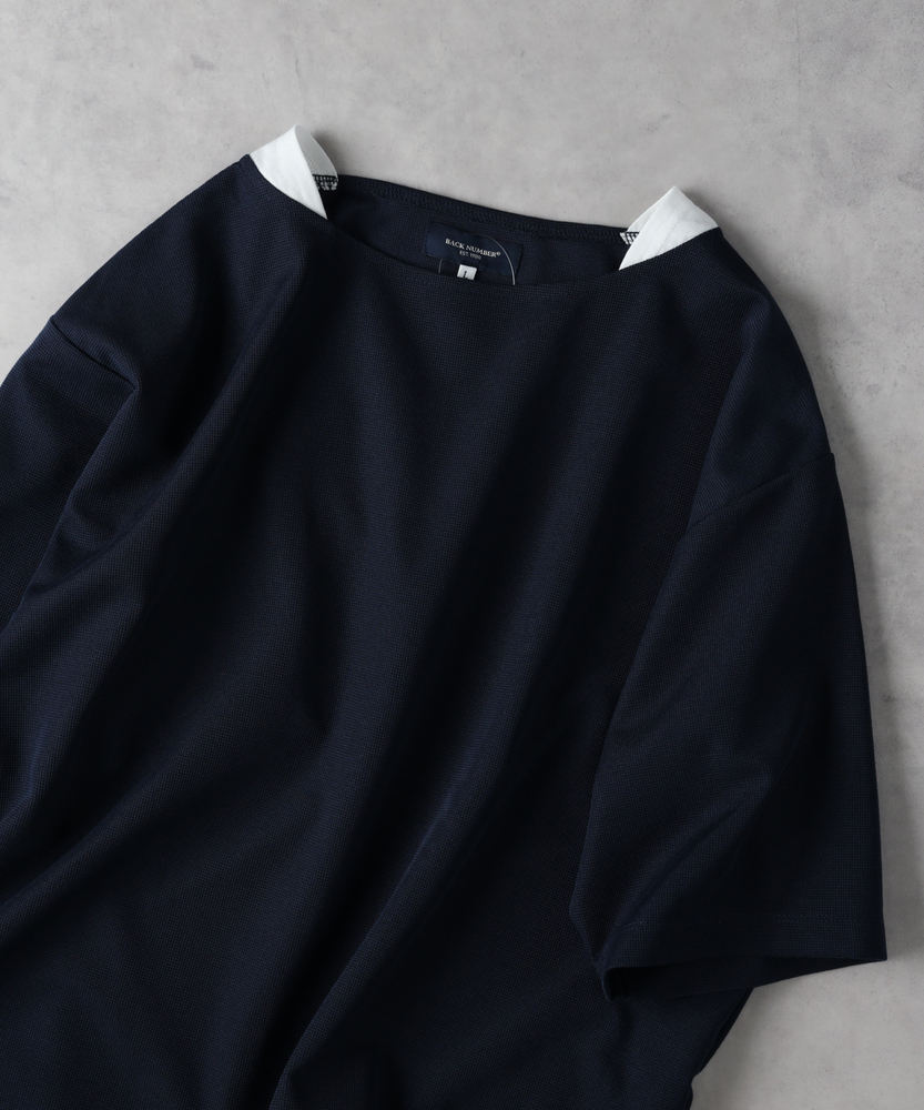 ボートネックフェイクレイヤードTシャツ(M ネイビー): トップス
