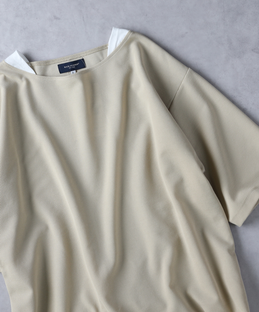 ボートネックフェイクレイヤードTシャツ(M ネイビー): トップス