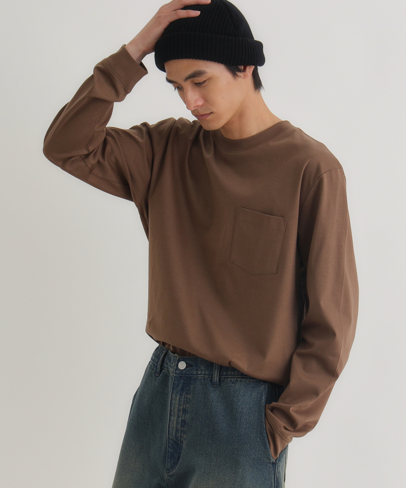 「さらっと心地良い」シルケット加工胸ポケットロングスリーブTシャツ(遮熱/上質な光沢感/さらっとした着心地)