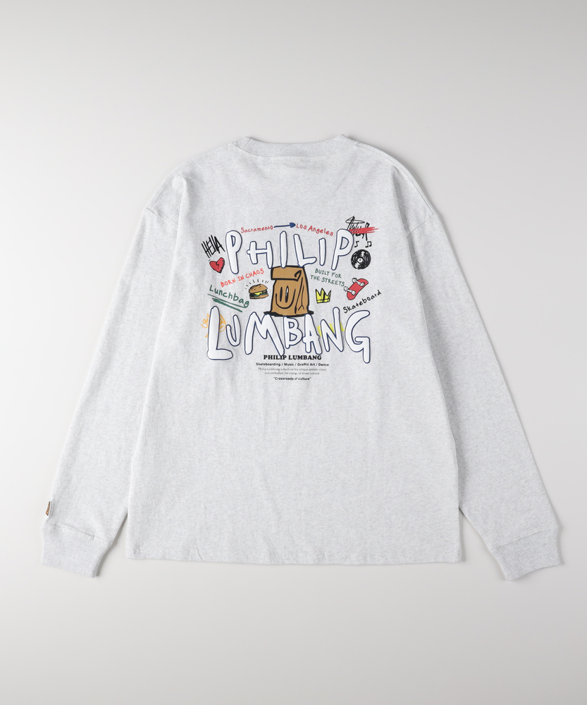 グラフィックプリントロングスリーブTシャツ(S グレー): トップス