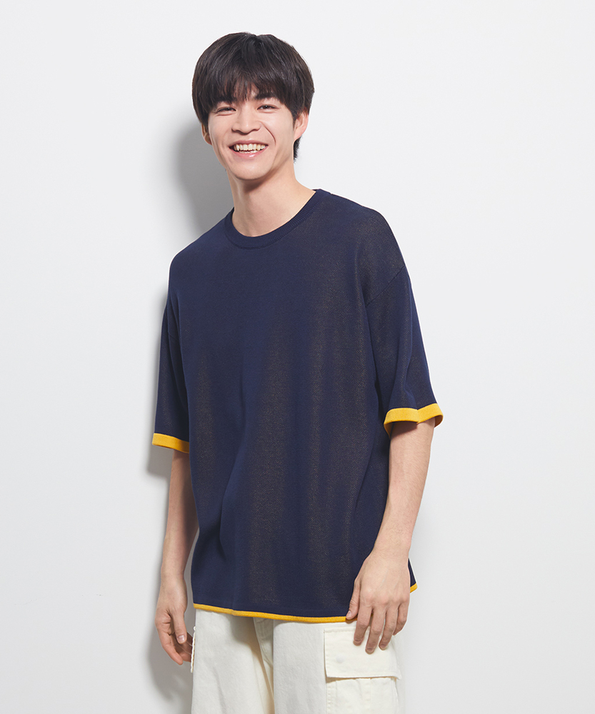 【Tシャツじゃモノ足りない】袖バイカラー配色ジャガードニットTシャツ