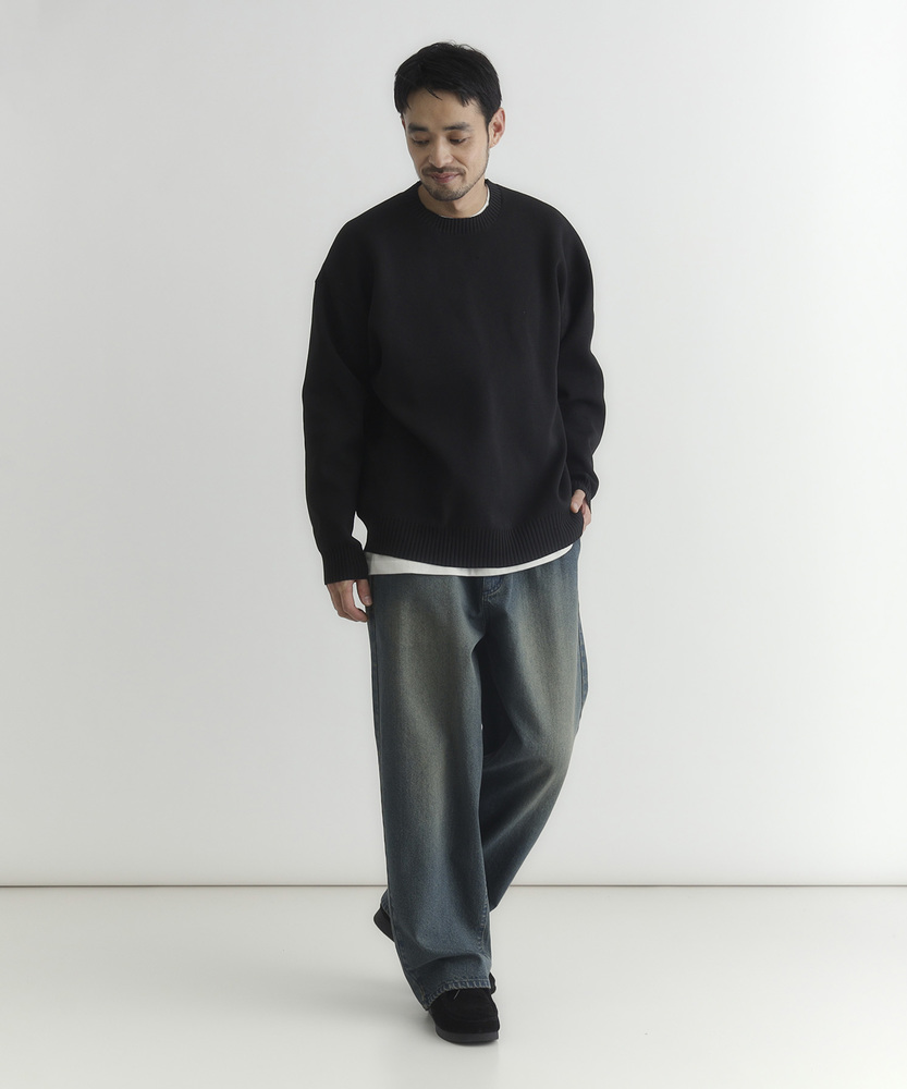 BLAMINK ダークグレー リブニット サイズ38 ウォッシャブルニットメランジクルーネックセーター(S ブルー