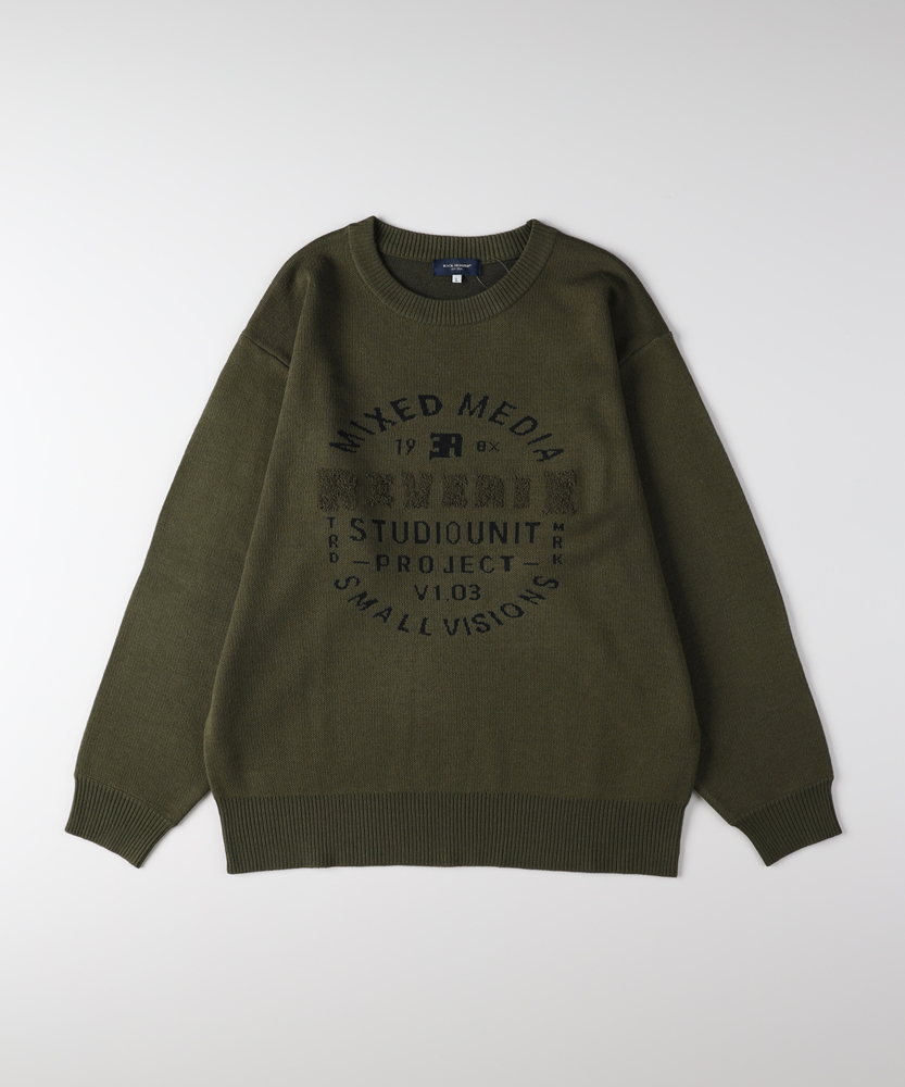 アクリルサークルロゴクルーネックセーター(M オリーブ): トップス