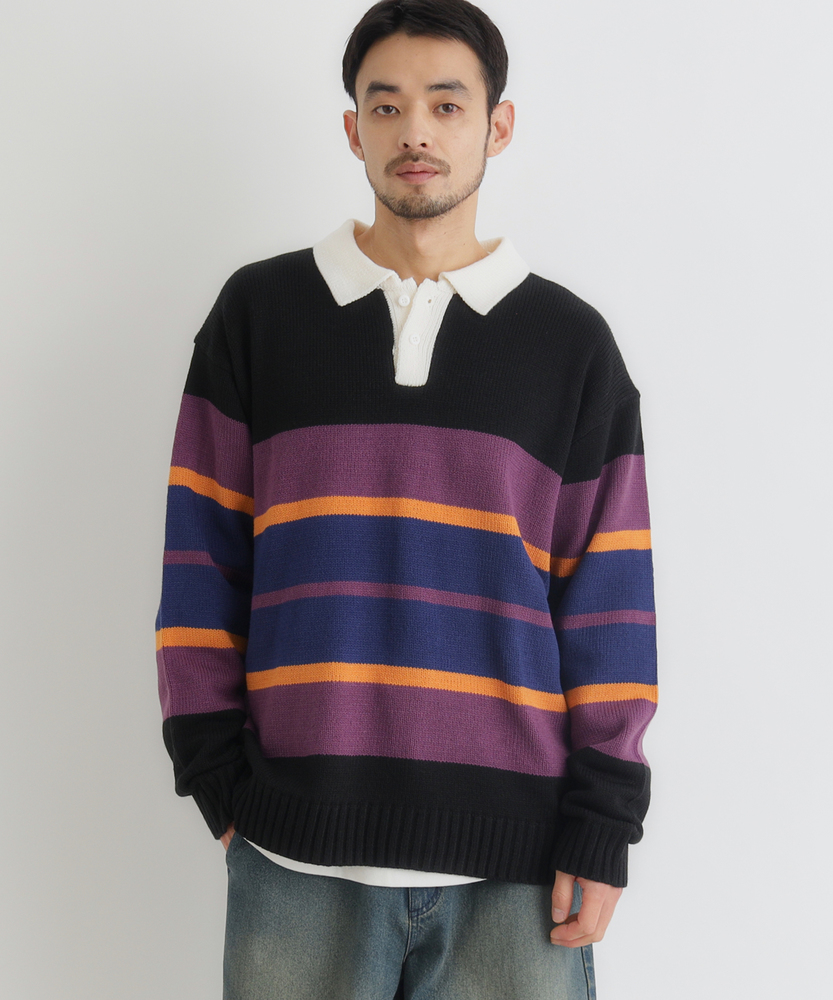 マルチボーダーポロ襟セーター(S ネイビー): トップス｜Right-on公式