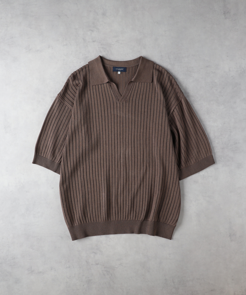 透かし編みニットスキッパーポロシャツ(M ブラック): トップス