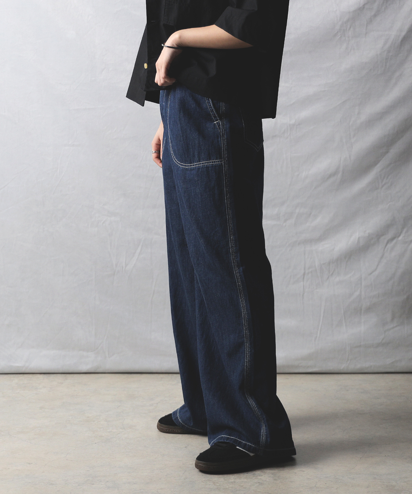 ★DRAW FIT★ 夏 リネン ワイド デニム パンツ atelier SOMETHING BIG POCKET SLIT WIDE/ビッグポケット