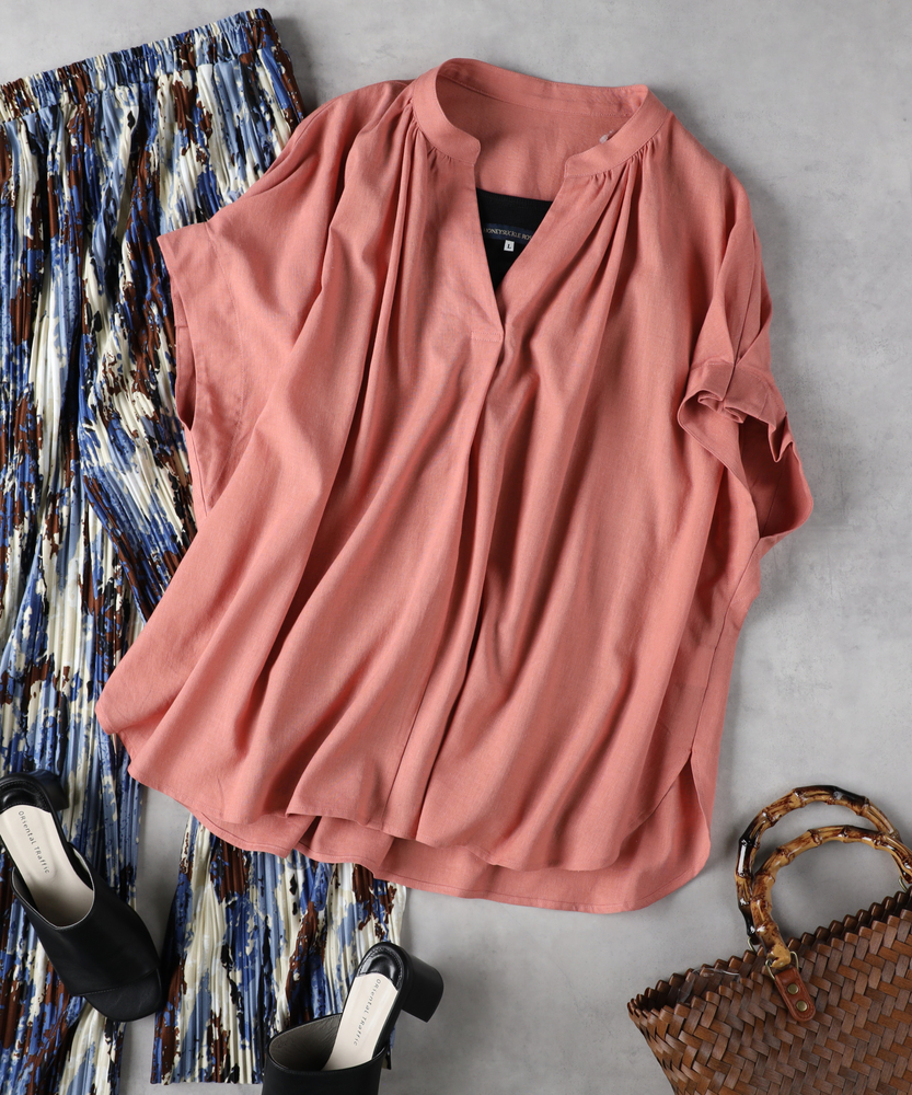 すっきり見え】リネン混スキッパーブラウス (着丈長め/お尻が