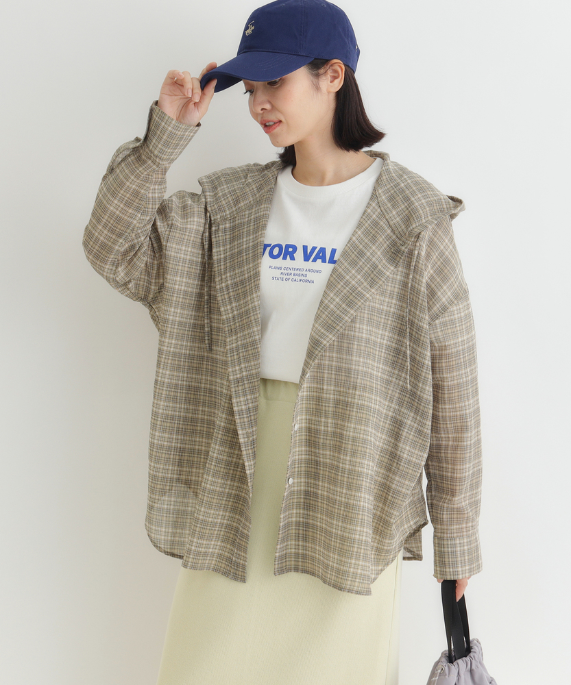 シアーチェックフードシャツ