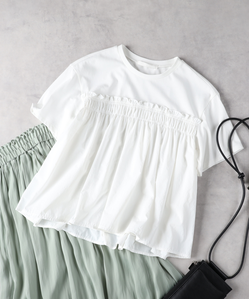 接触冷感」フロントフリルTシャツ/プレーティング天竺(M