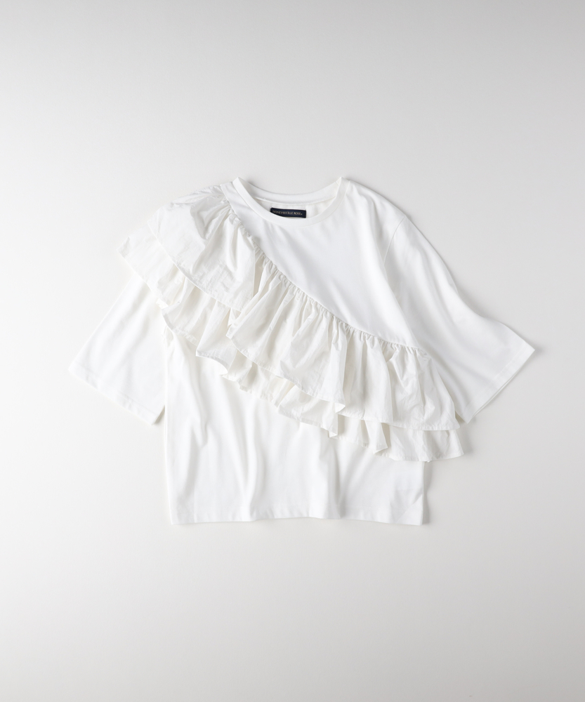 華奢見え・接触冷感】アシメフリルTシャツ(M ブラック