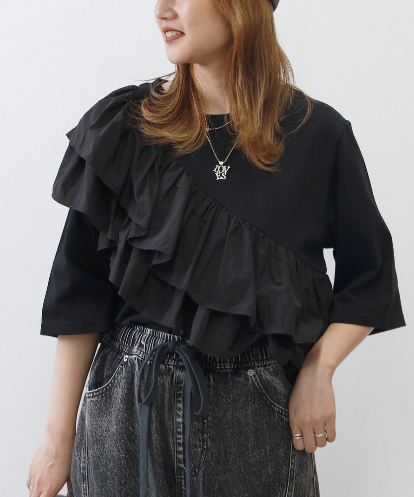 【華奢見え・接触冷感】アシメフリルTシャツ