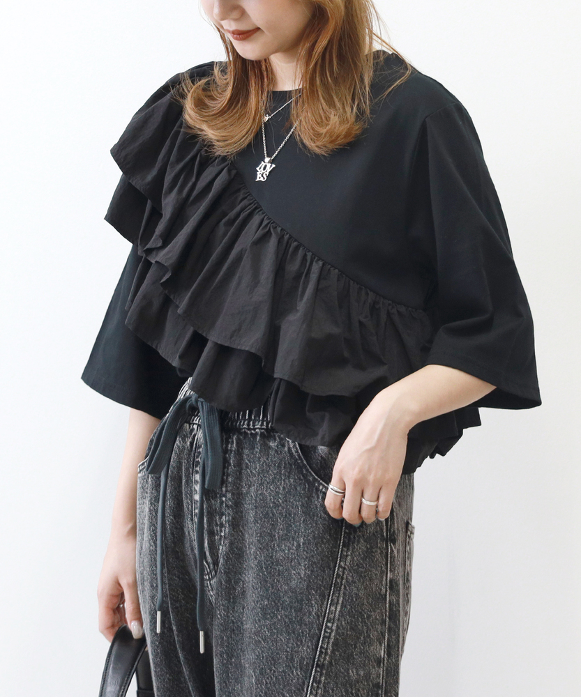 華奢見え・接触冷感】アシメフリルTシャツ(M オフシロ 華奢見え・接触冷感】アシメフリルTシャツ(M オフシロ