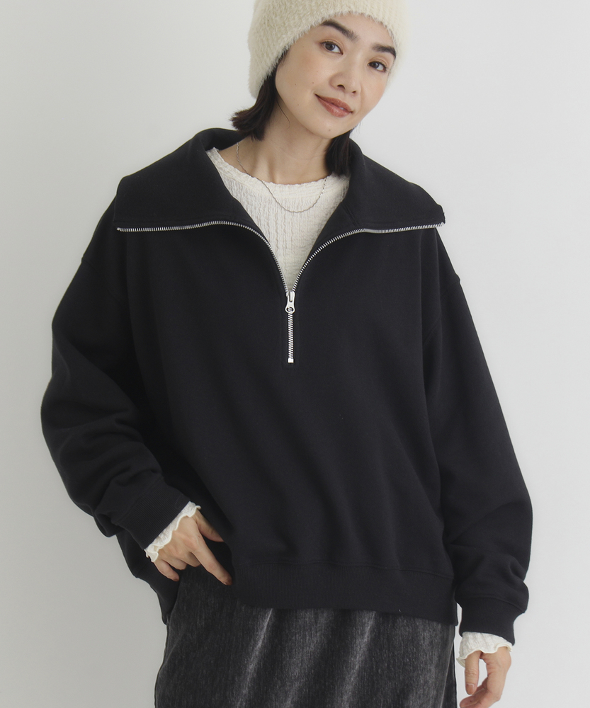 すっきり見え】ハーフジップスウェットプルオーバー（小顔/体型