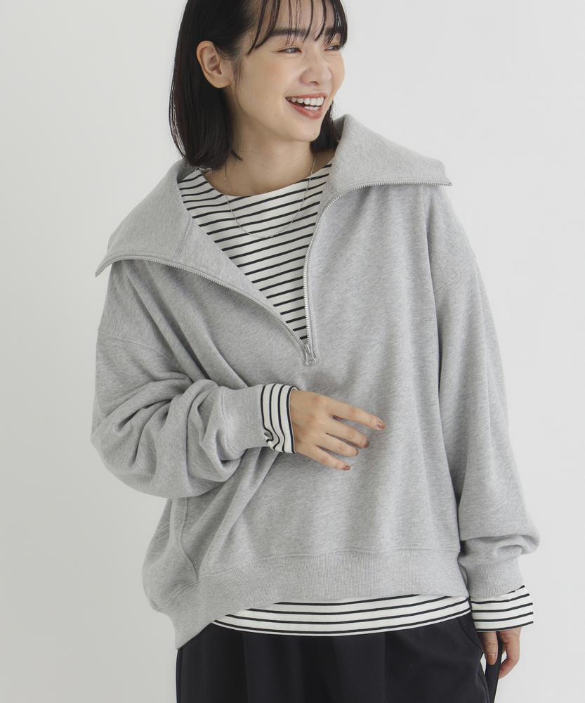 すっきり見え】ハーフジップスウェットプルオーバー（小顔/体型