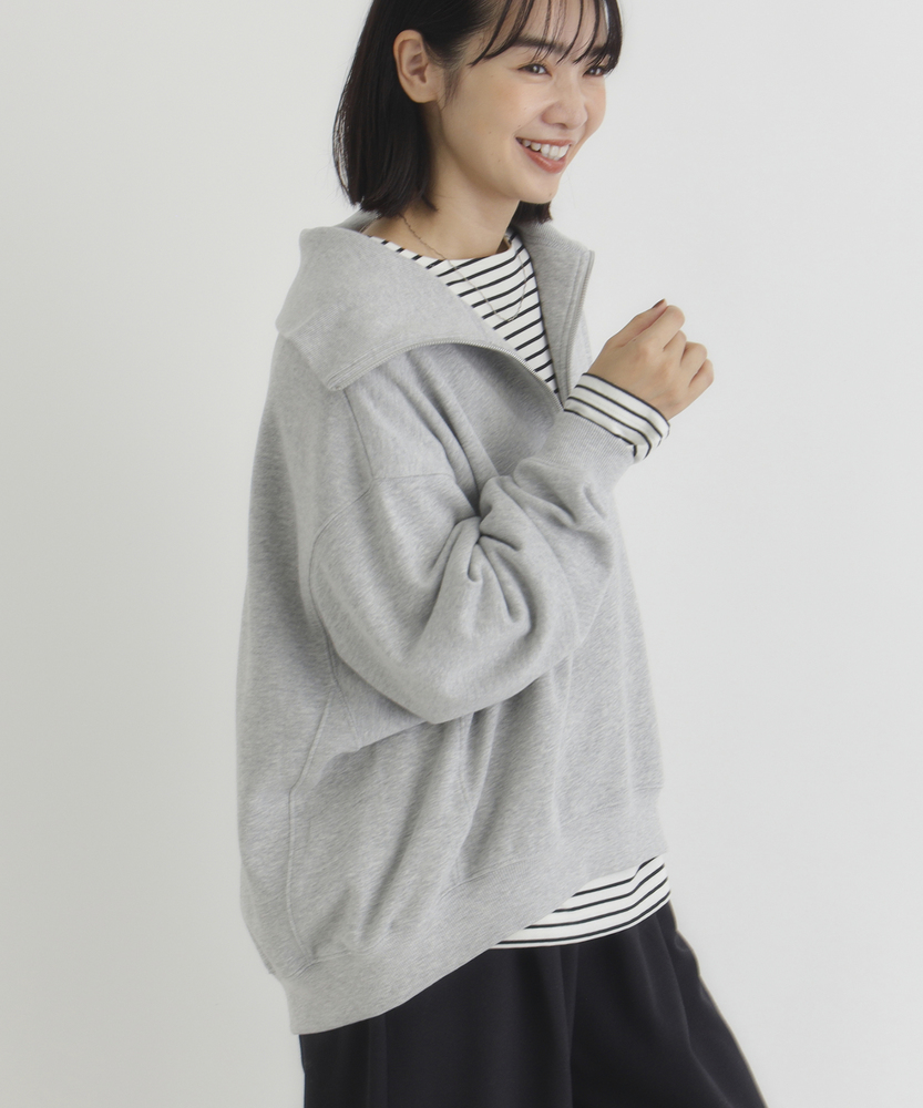 すっきり見え】ハーフジップスウェットプルオーバー（小顔/体型