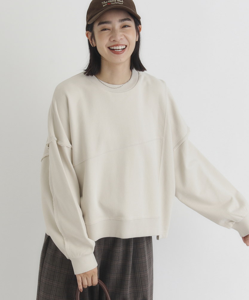 <カートにて10％off：WEB限定/12/8まで>【人気アイテム】切り替えデザインスウェットプルオーバー（ゆったりシルエット/体型カバー/スタイルアップ/ショート丈/古着ライク）