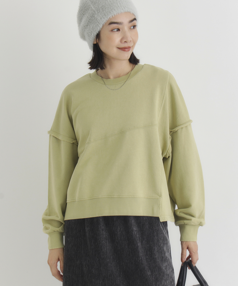 <カートにて10％off：WEB限定/12/8まで>【人気アイテム】切り替えデザインスウェットプルオーバー（ゆったりシルエット/体型カバー/スタイルアップ/ショート丈/古着ライク）