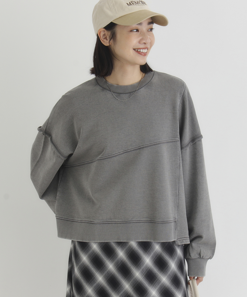 <カートにて10％off：WEB限定/12/8まで>【人気アイテム】切り替えデザインスウェットプルオーバー（ゆったりシルエット/体型カバー/スタイルアップ/ショート丈/古着ライク）