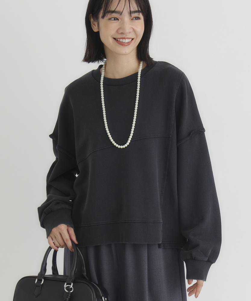 <カートにて10％off：WEB限定/12/8まで>【人気アイテム】切り替えデザインスウェットプルオーバー（ゆったりシルエット/体型カバー/スタイルアップ/ショート丈/古着ライク）