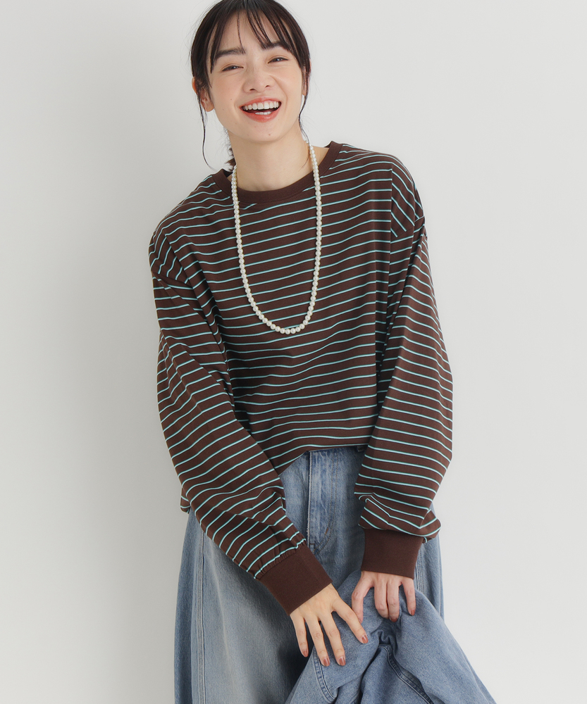 マルチボーダーロングTシャツ(M ライトベージュ＊ブラウン): トップス
