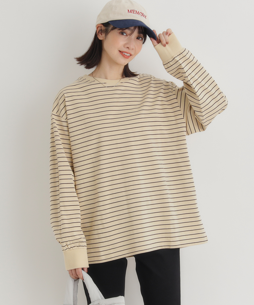 マルチボーダーロングTシャツ(M ライトベージュ＊ブラウン): トップス