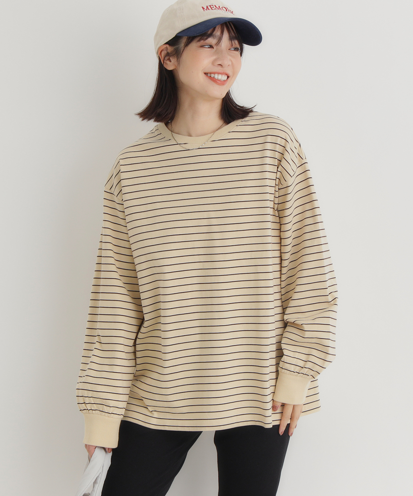 マルチボーダーロングTシャツ(M ライトベージュ＊ブラウン): トップス