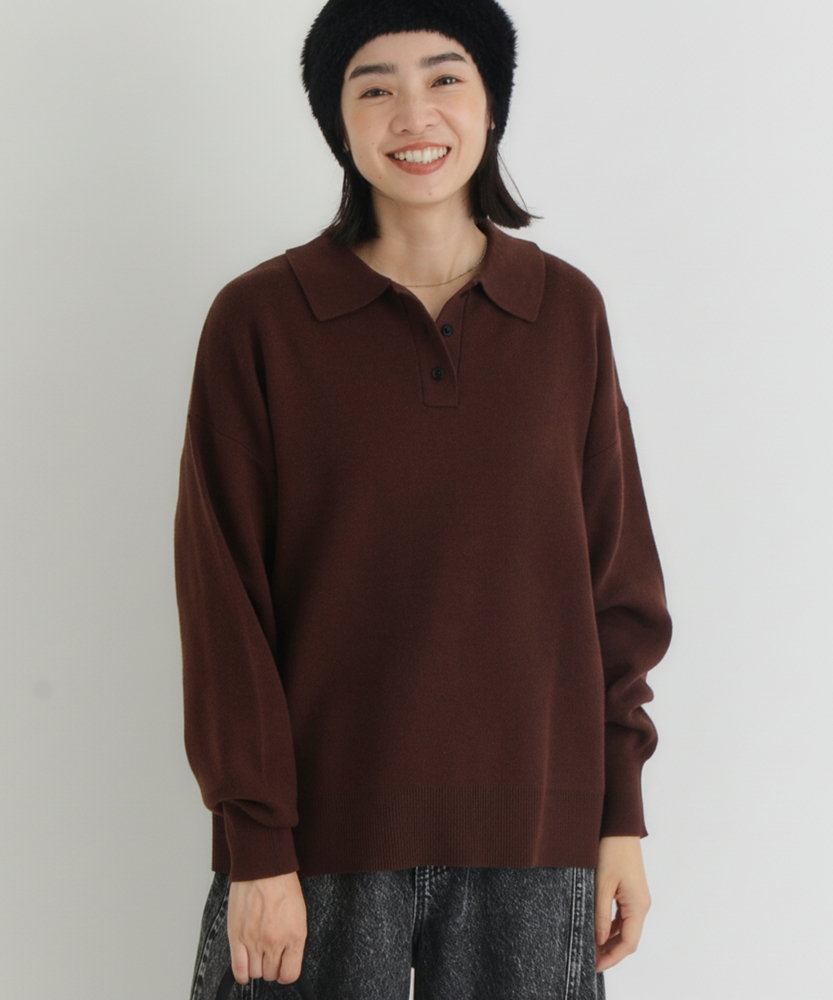<カートにて10％off：WEB限定/12/8まで>【スウェット感覚のニット】「やわラク」スウェットライクポロセーター（洗濯機で洗える/ゆったりシルエット/体型カバー/楽に着られて品良く）