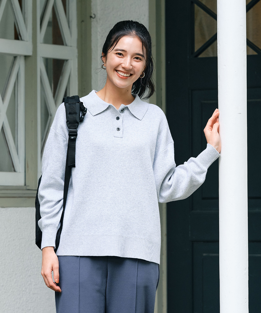 <カートにて10％off：WEB限定/12/8まで>【スウェット感覚のニット】「やわラク」スウェットライクポロセーター（洗濯機で洗える/ゆったりシルエット/体型カバー/楽に着られて品良く）