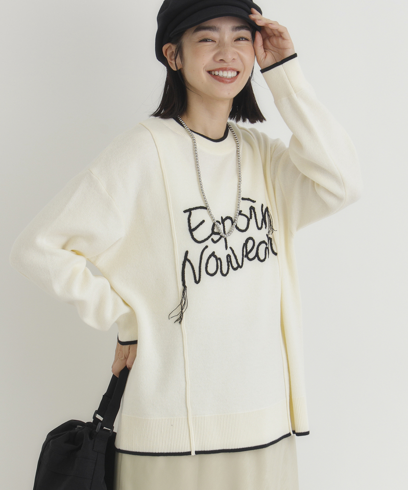 <カートにて10％off：WEB限定/12/8まで>【スウェット感覚のニット】「やわラク」スウェットライク刺繍セーター（洗濯機で洗える/ゆったりシルエット/体型カバー/楽に着られて品良く）