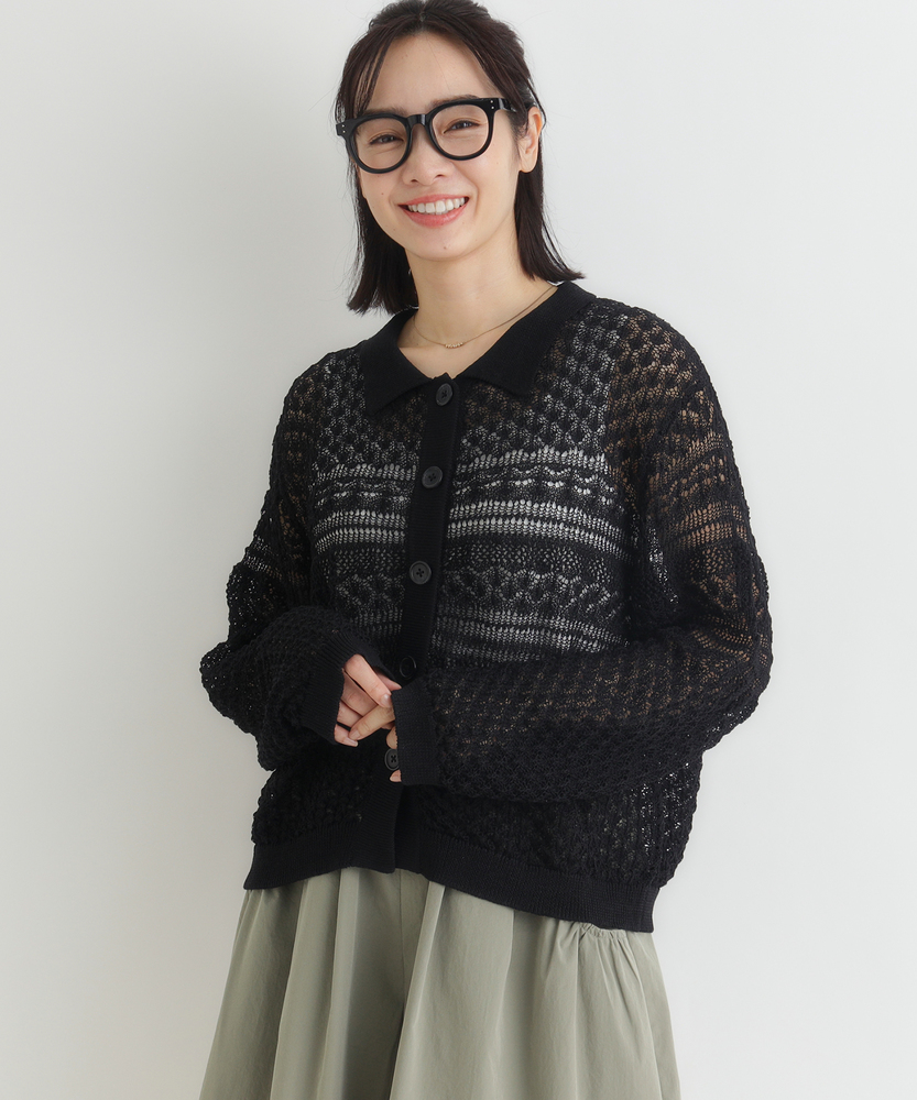 レース編みニットポロカーディガン