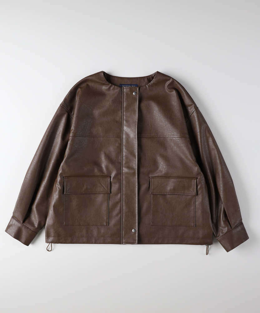 フェイクレザーノーカラージャケット(M ブラック): ジャケット