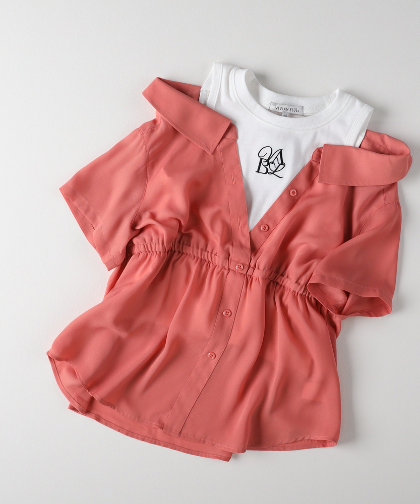 オフショルダー ホワイトシャツ オフショルダー風ドッキングシャツ(130 ブルー): トップス｜Right-on