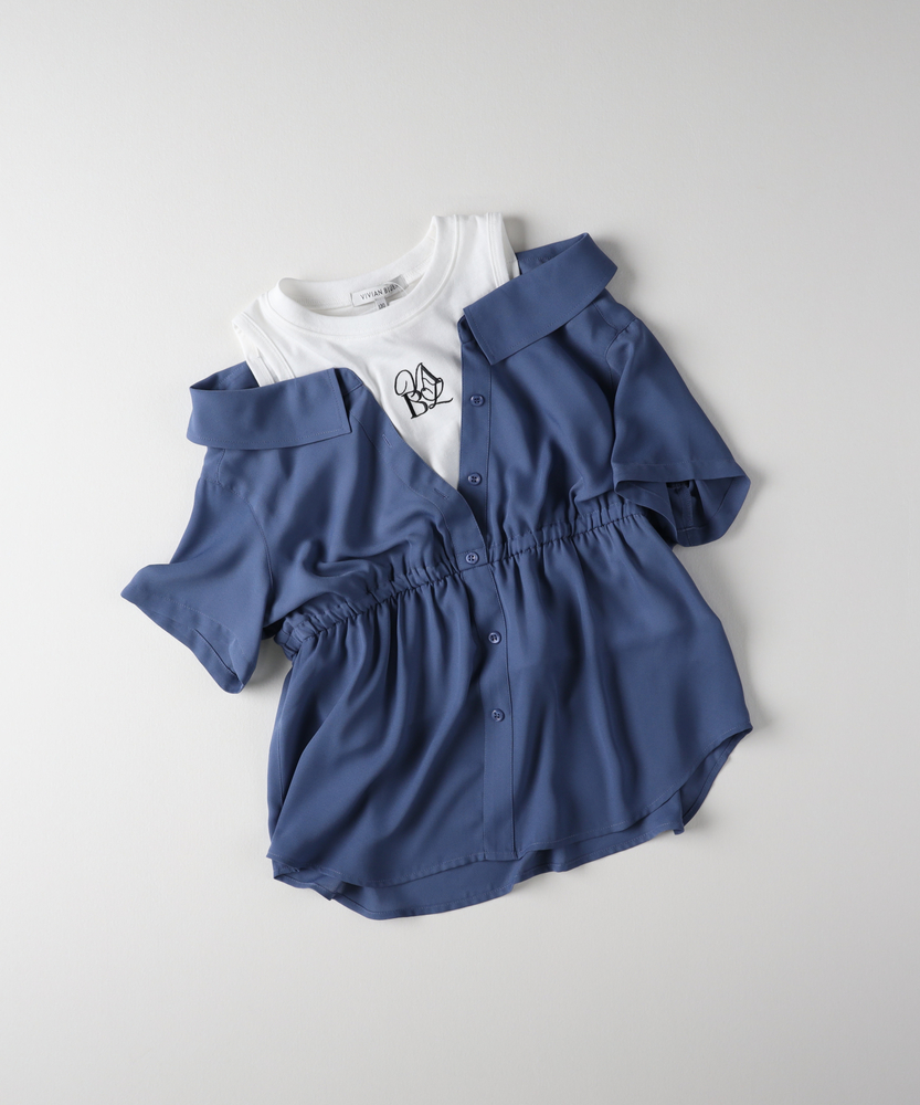 オフショルダー ホワイトシャツ オフショルダー風ドッキングシャツ(130 ブルー): トップス｜Right-on