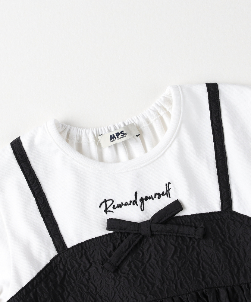 新品 プリーツ レイヤード カットソー ピンク 白 黒 フェイクキャミソールレイヤードTシャツ(110 ピンク): トップス