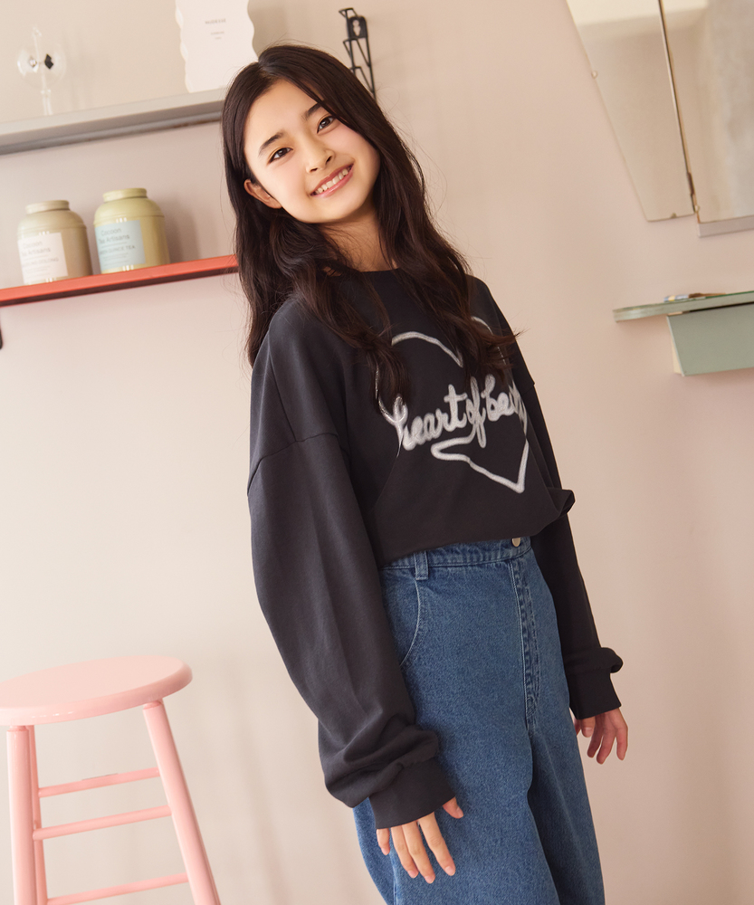 <カートにて10％off：WEB限定/12/8まで>【人気アイテム】袖ボリュームスウェットプルオーバー（綿の着心地/カワイイ/ラメ/プリント/袖ボリューム/お手入れ簡単）