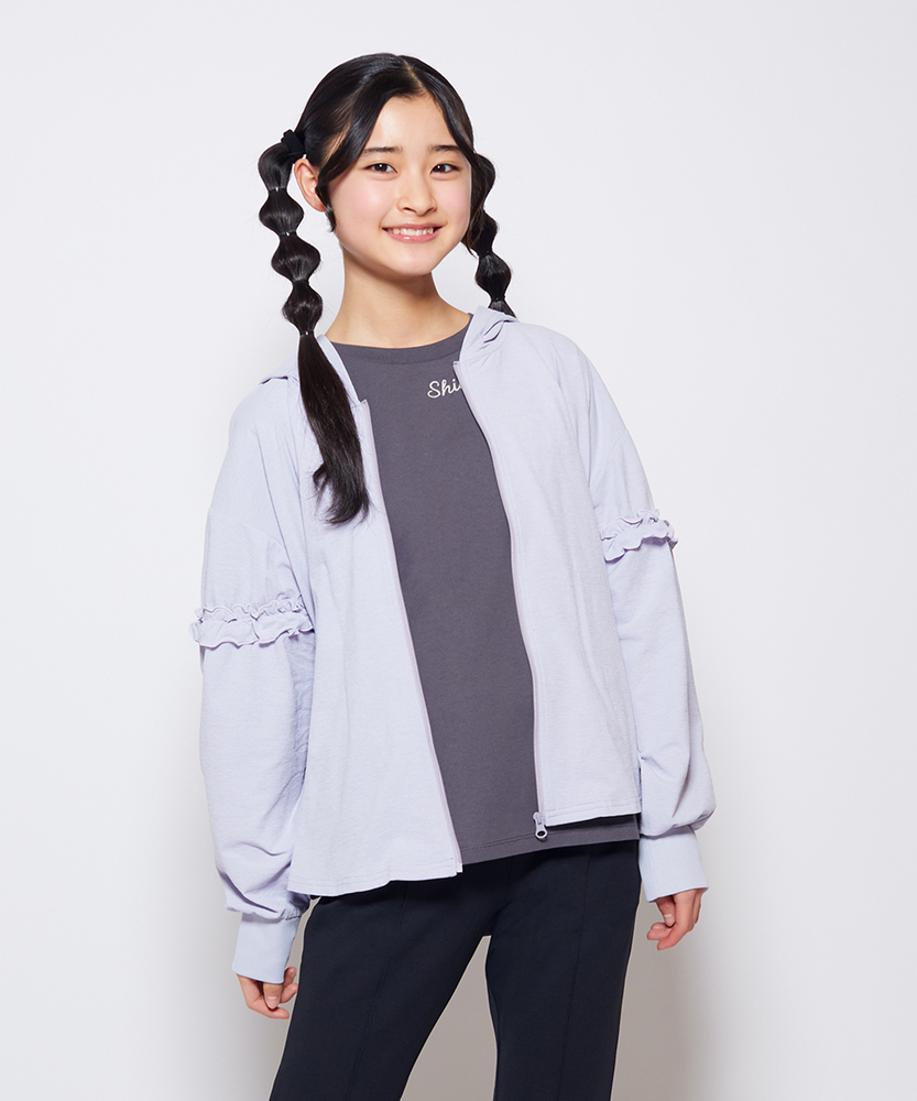 袖フリルUVカットジップパーカー