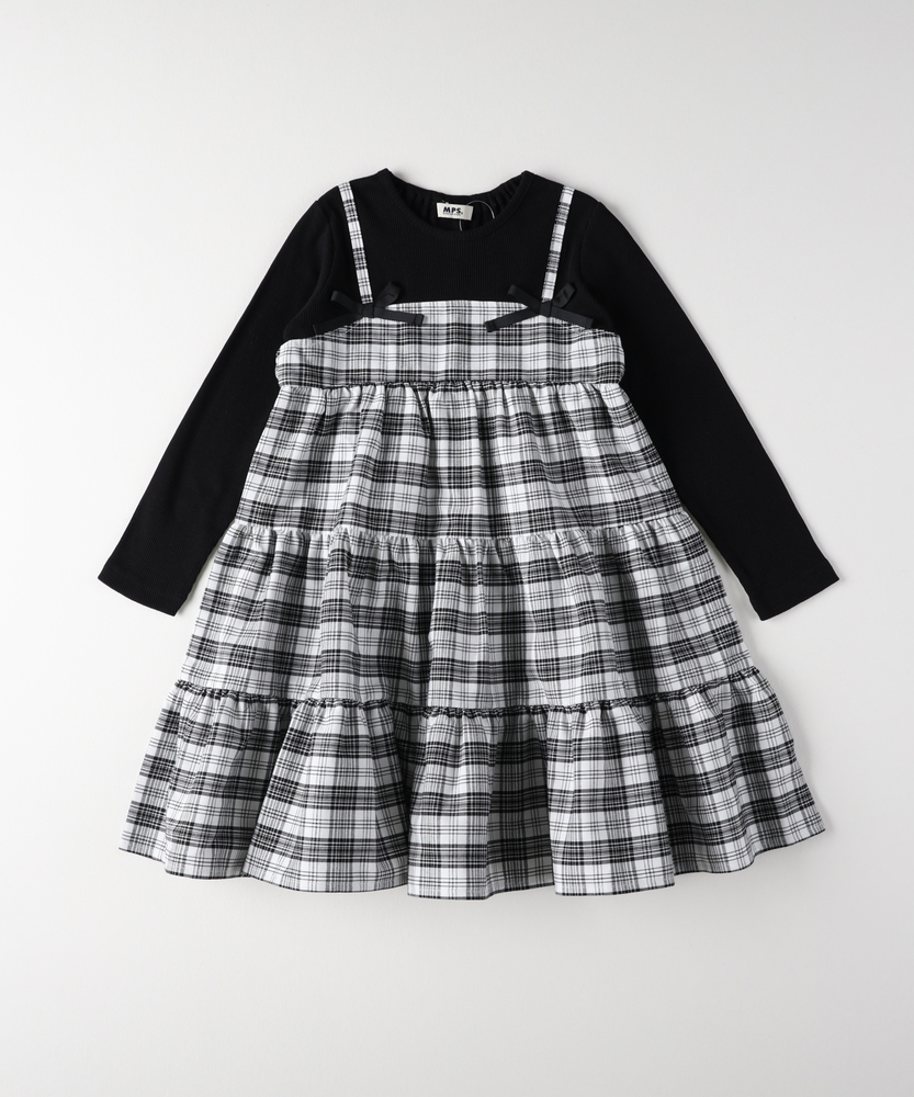 チェックキャミソールレイヤード風ティアードワンピース