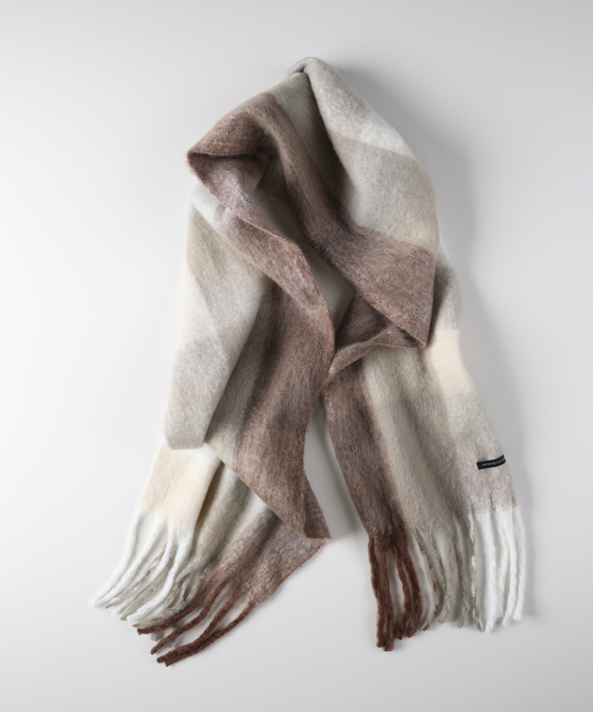 太フリンジチェック柄ストール(ONE SIZE オフホワイト＊ピンク