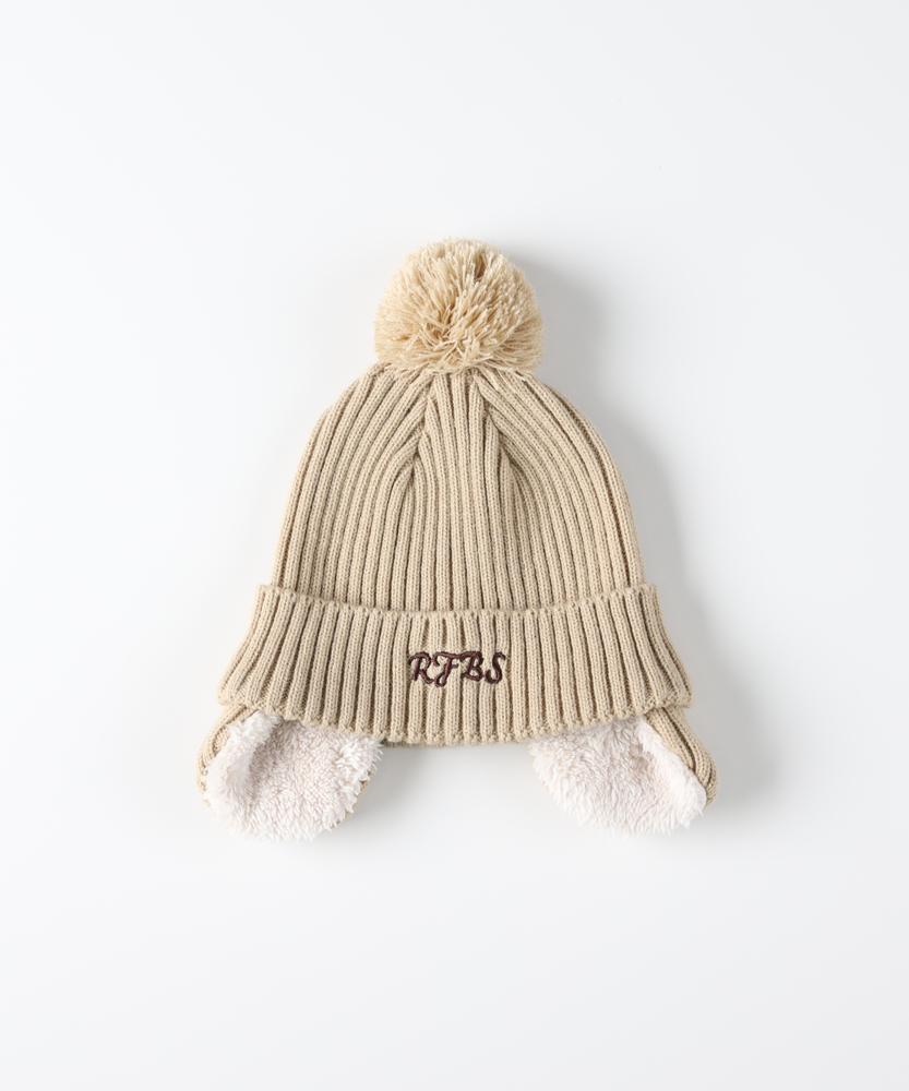 Misha & Puff ニット帽 ポンポン付き ベージュ 耳付きボンボンニットワッチ(ONE SIZE ベージュ): ファッション雑貨